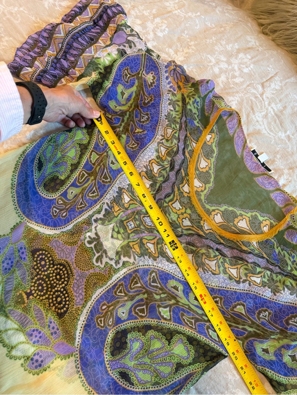 CAbi Vintage Boho Mini Dress, Yellow, Blue, Green & Purple Paisley, Size Medium - Picture 6 of 8